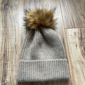 Anthropologie Tan Knit Beanie with Faux Fur Pom